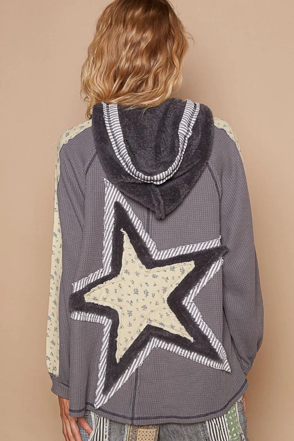 Half Zip Up Fleece Mix Back Star Patch Hoodie