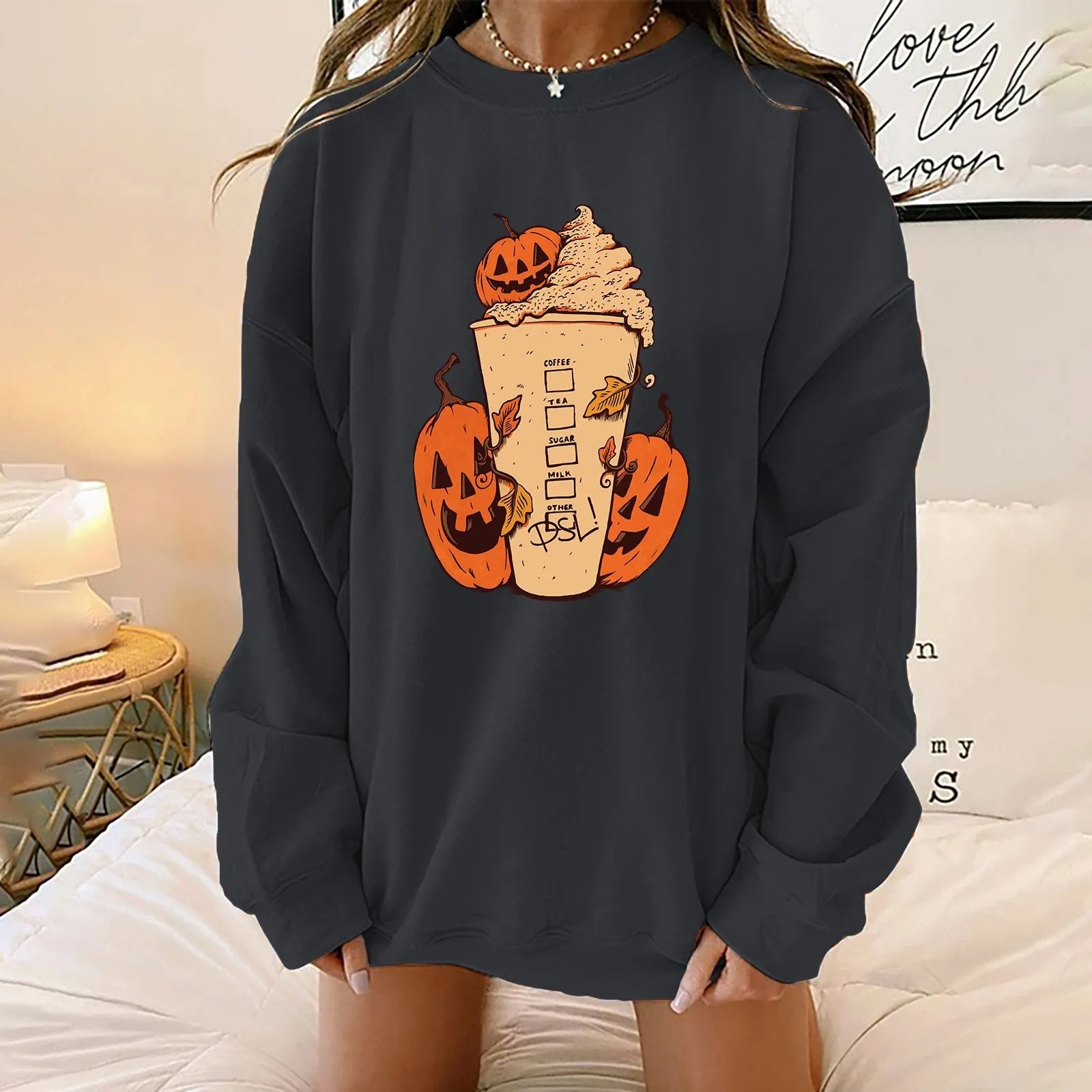 Halloween milk tea print hoodie pumpkin long sleeve women