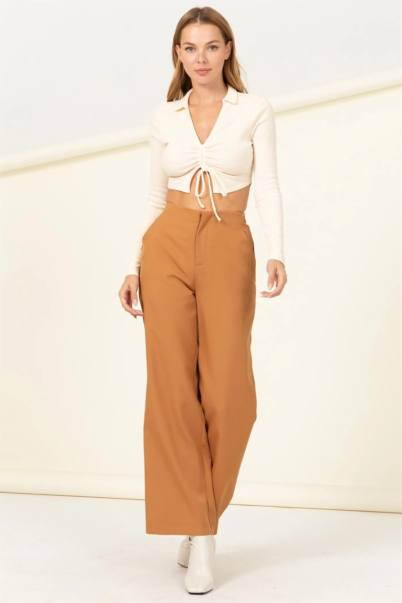 HF22H199-RUCHED TIE-FRONT CROP TOP