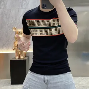 Jinquedai Summer Knitted T-shirt Men High Quality Short Sleeve Casual T-Shirt Ice Silk Breathable Streetwear Round Neck Tee Tops