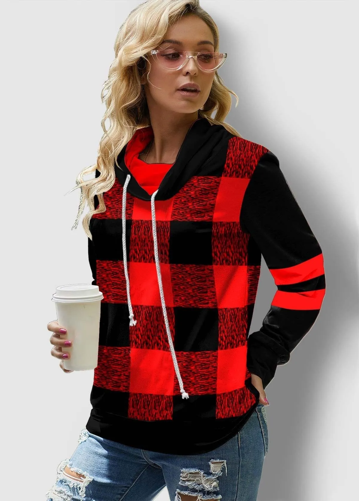 Ladies Plaid Printed Long Sleeve Drawstring Turtleneck Sweatshirt