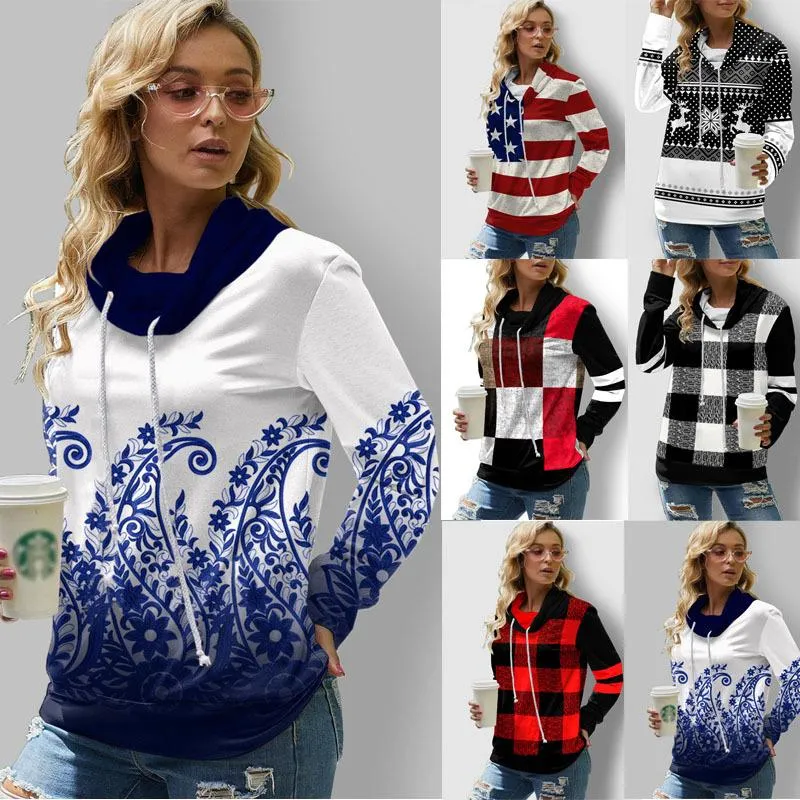 Ladies Plaid Printed Long Sleeve Drawstring Turtleneck Sweatshirt