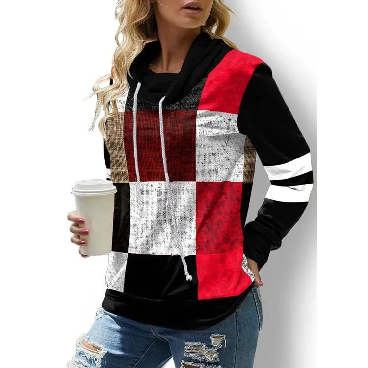 Ladies Plaid Printed Long Sleeve Drawstring Turtleneck Sweatshirt