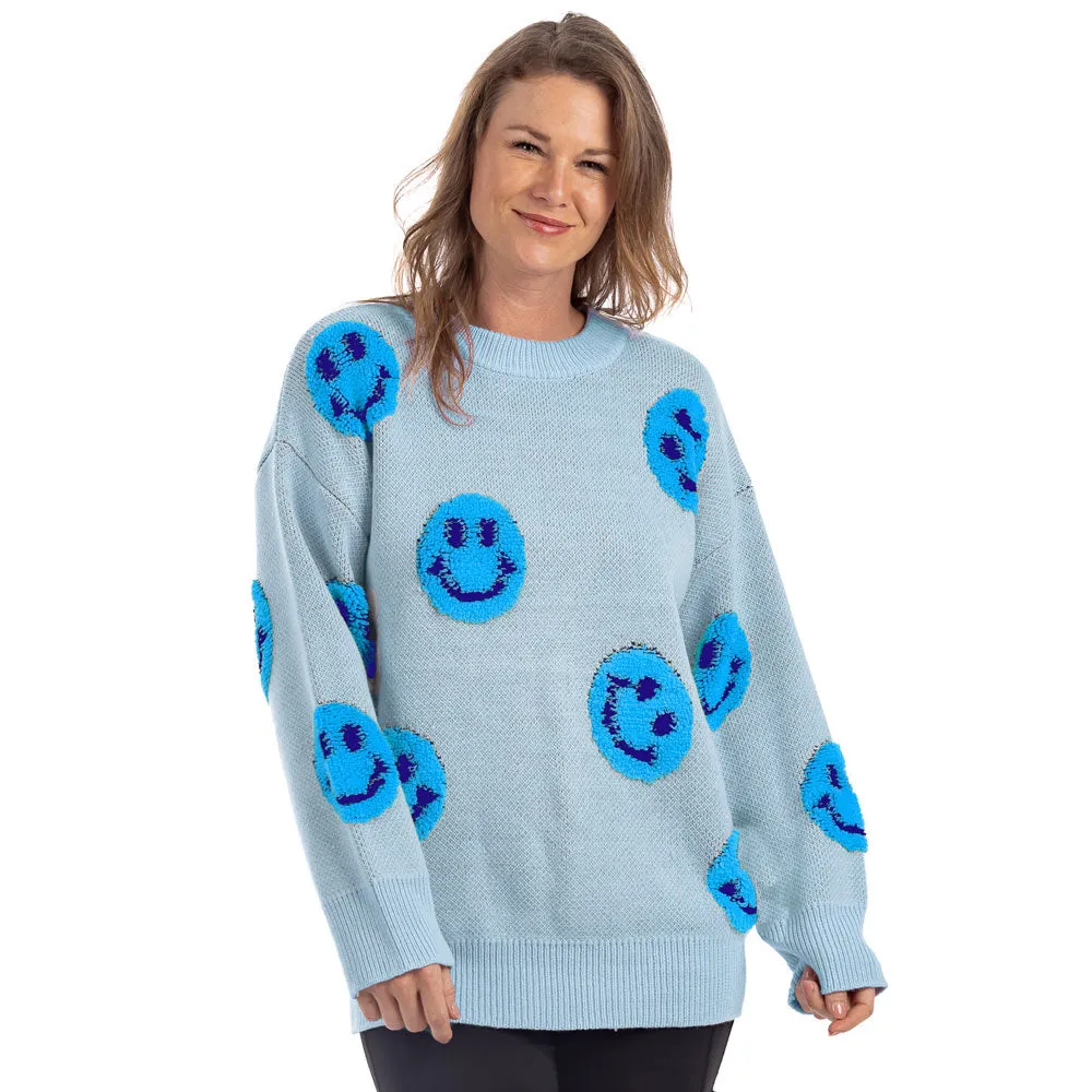 Light Blue Happy Face Wholesale Crewneck Sweater