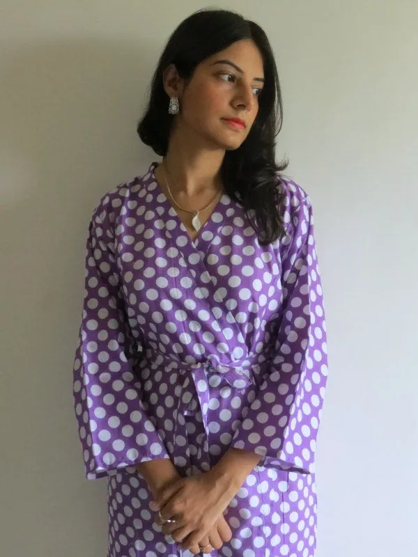 Lilac Polka Dots Knee Length, Kimono Crossover Belted Robe