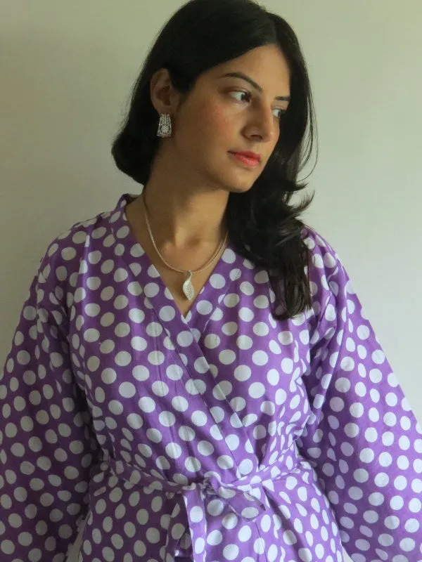 Lilac Polka Dots Knee Length, Kimono Crossover Belted Robe