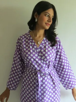 Lilac Polka Dots Knee Length, Kimono Crossover Belted Robe