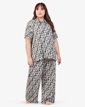 Londi Cotton Rayon Sleepwear Long Pajama Shirt Set - Black Floral