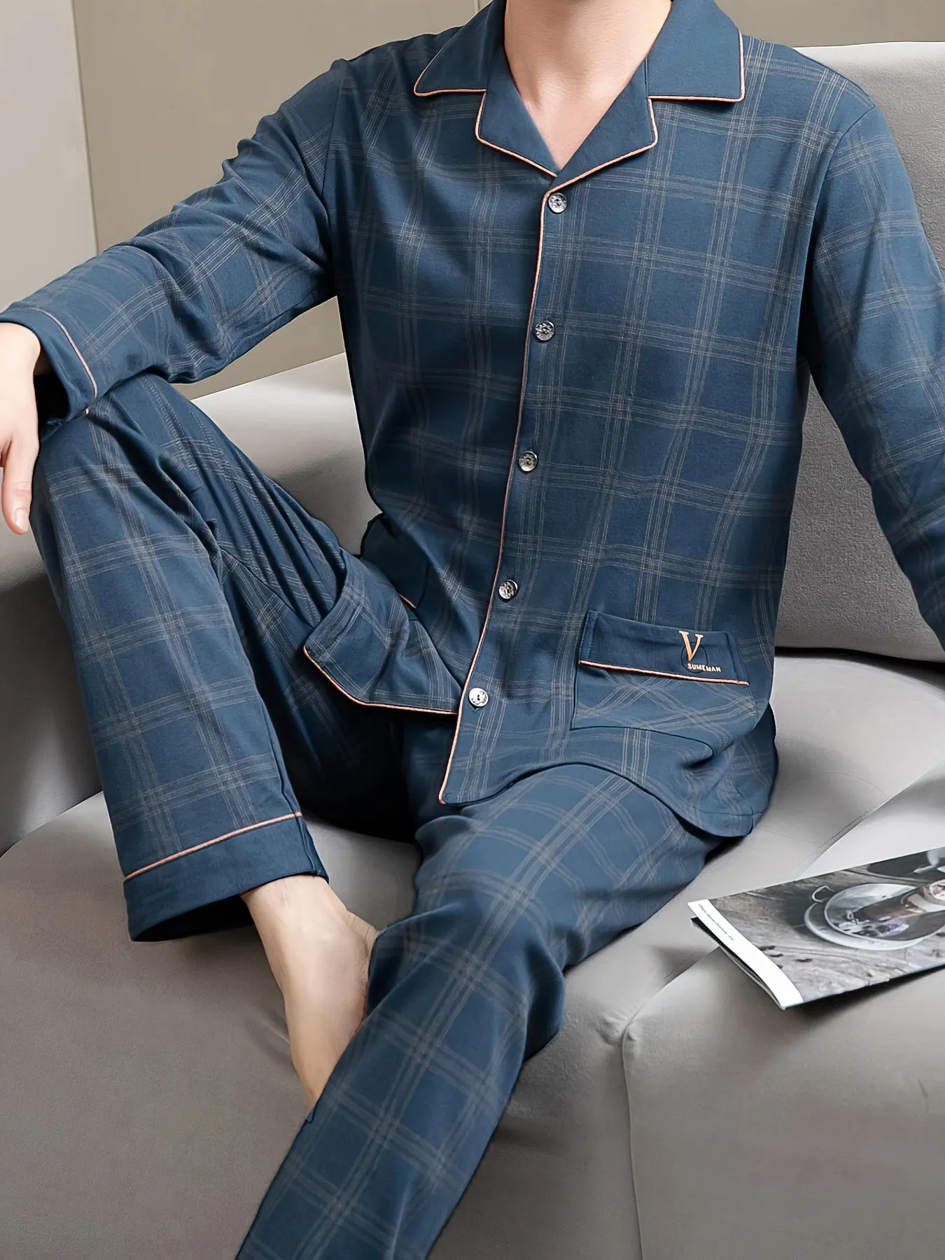 Mens Soft Cotton Plaid Pajama Set - Cozy Button-Down Top & Trousers - Perfect for Spring & Autumn - Warm, Breathable, and Stylish Home Wear for Dads