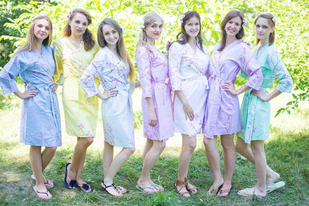 Mismatched Cherry Blossom Patterned Bridesmaids Robes in Soft Tones