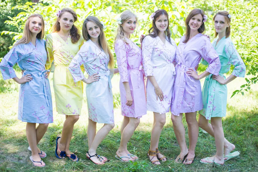 Mismatched Cherry Blossom Patterned Bridesmaids Robes in Soft Tones