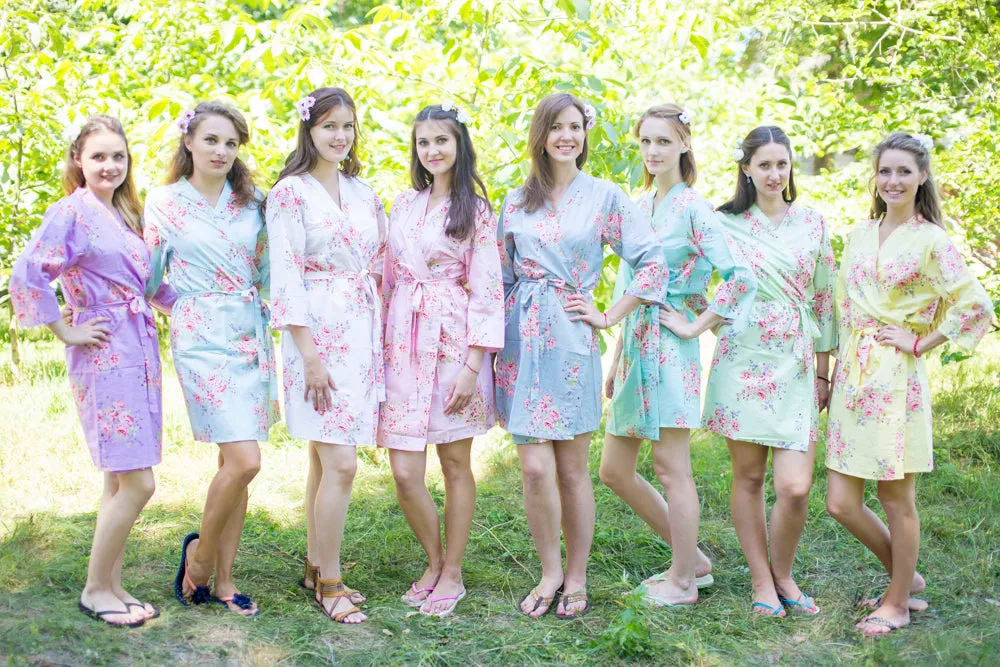 Mismatched Faded Flowers Patterned Bridesmaids Robes in Soft Tones