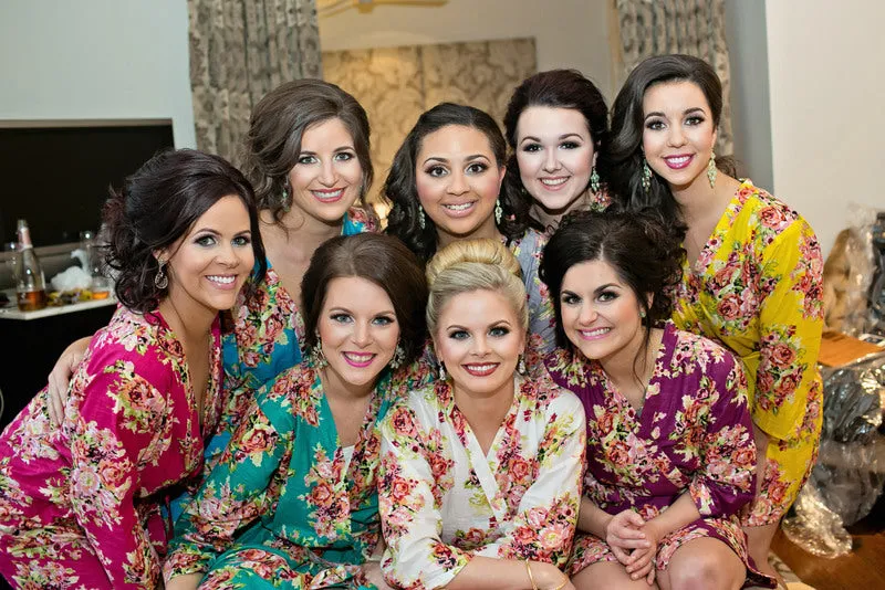 Mismatched Floral Posy Patterned Bridesmaids Robes in Jewel Tones