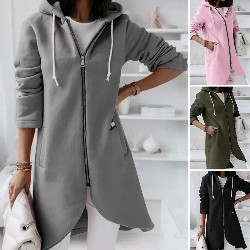 Personalized street zipper hooded long plus fleece sweater