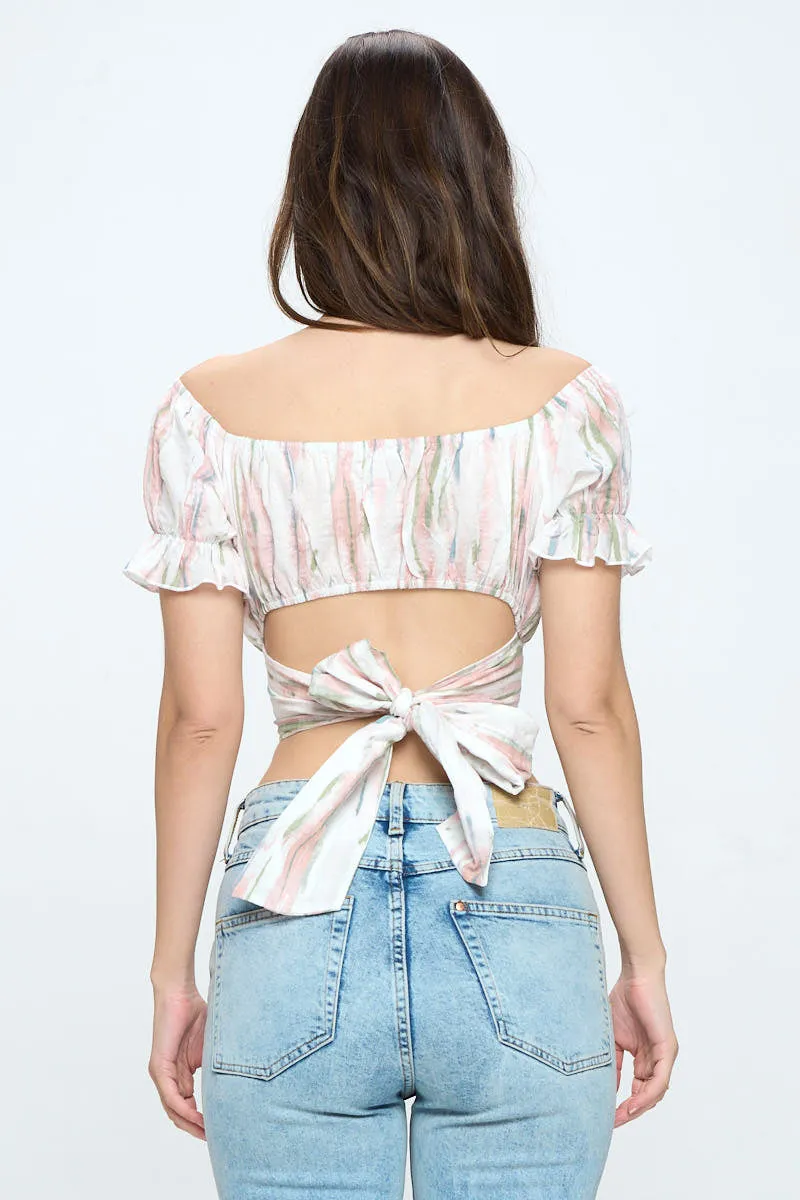 Printed scoop neck puff sleeve tie back crop top