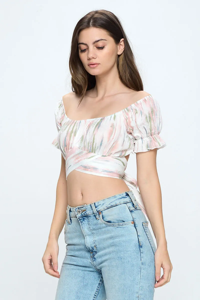 Printed scoop neck puff sleeve tie back crop top