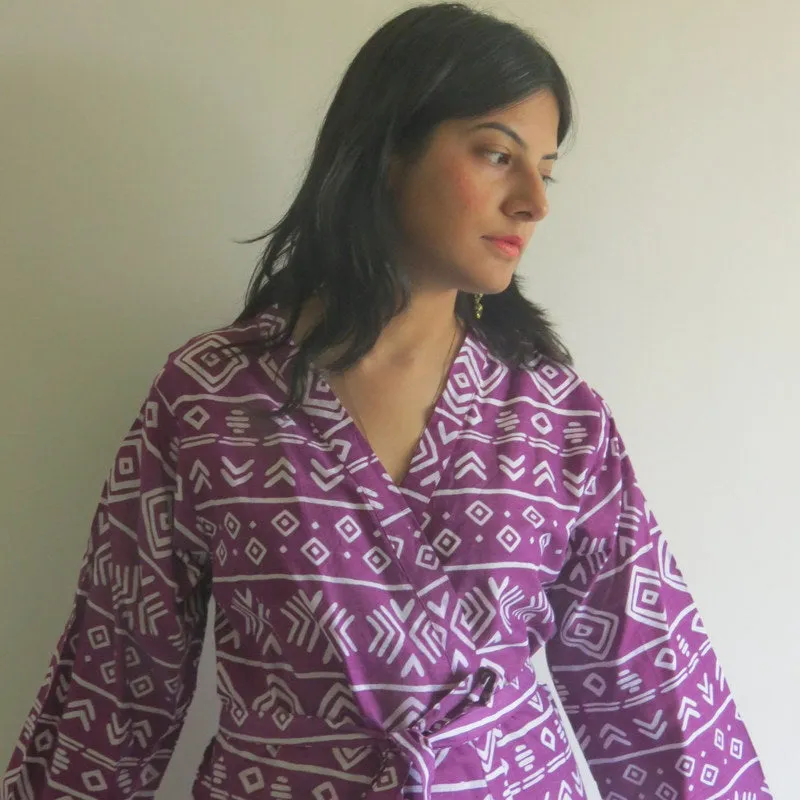 Purple Aztec Knee Length, Kimono Crossover Belted Robe