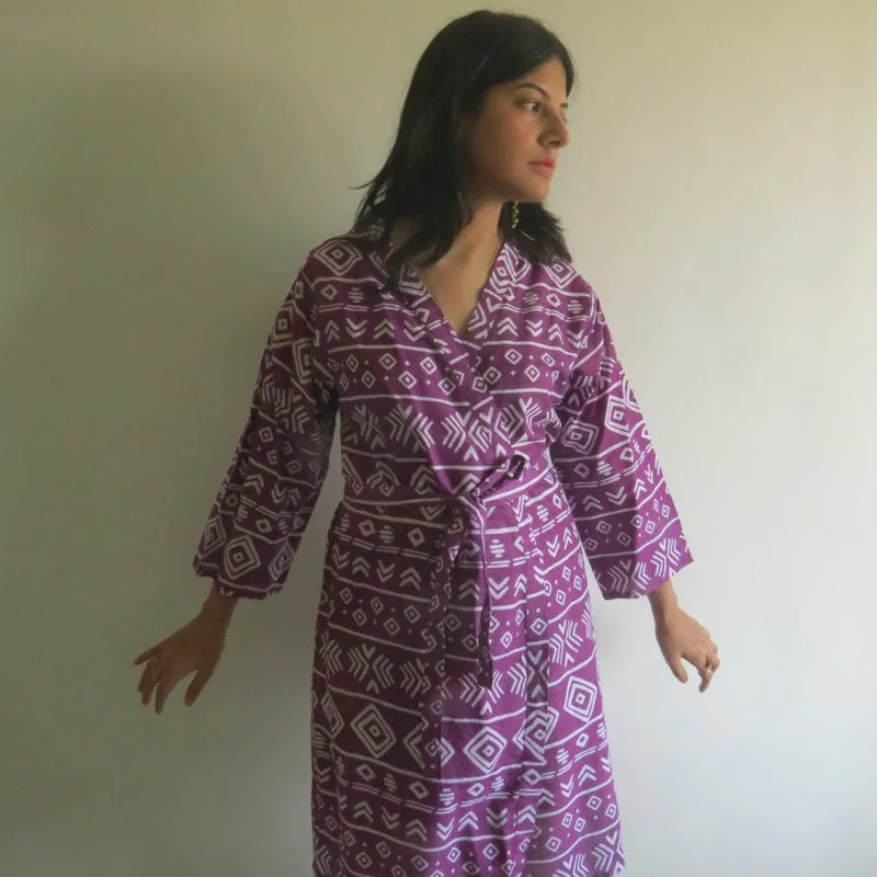 Purple Aztec Knee Length, Kimono Crossover Belted Robe