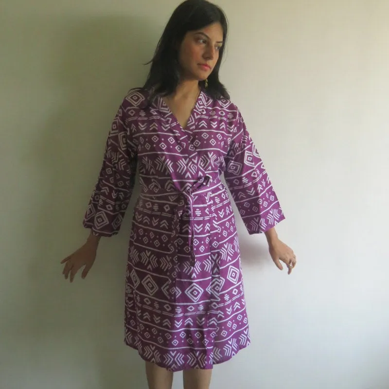 Purple Aztec Knee Length, Kimono Crossover Belted Robe