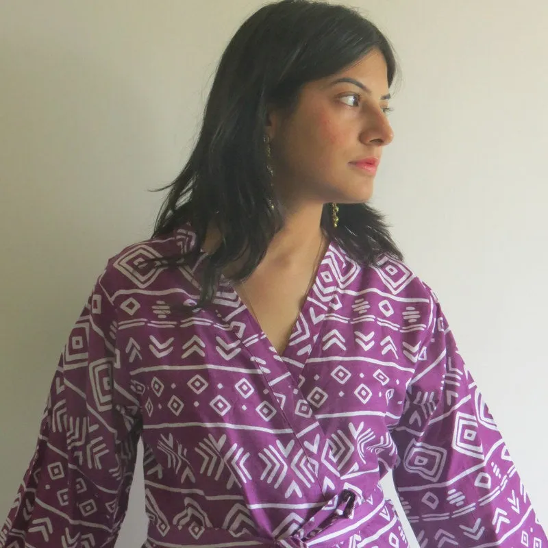 Purple Aztec Knee Length, Kimono Crossover Belted Robe