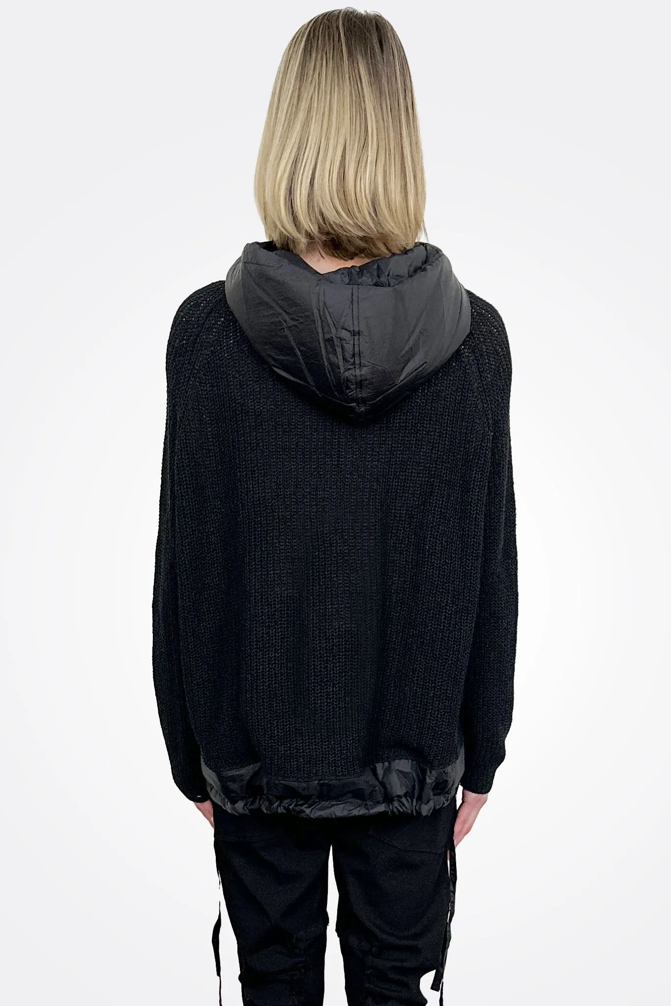 Quilt Detail Knit Hoodie - Black