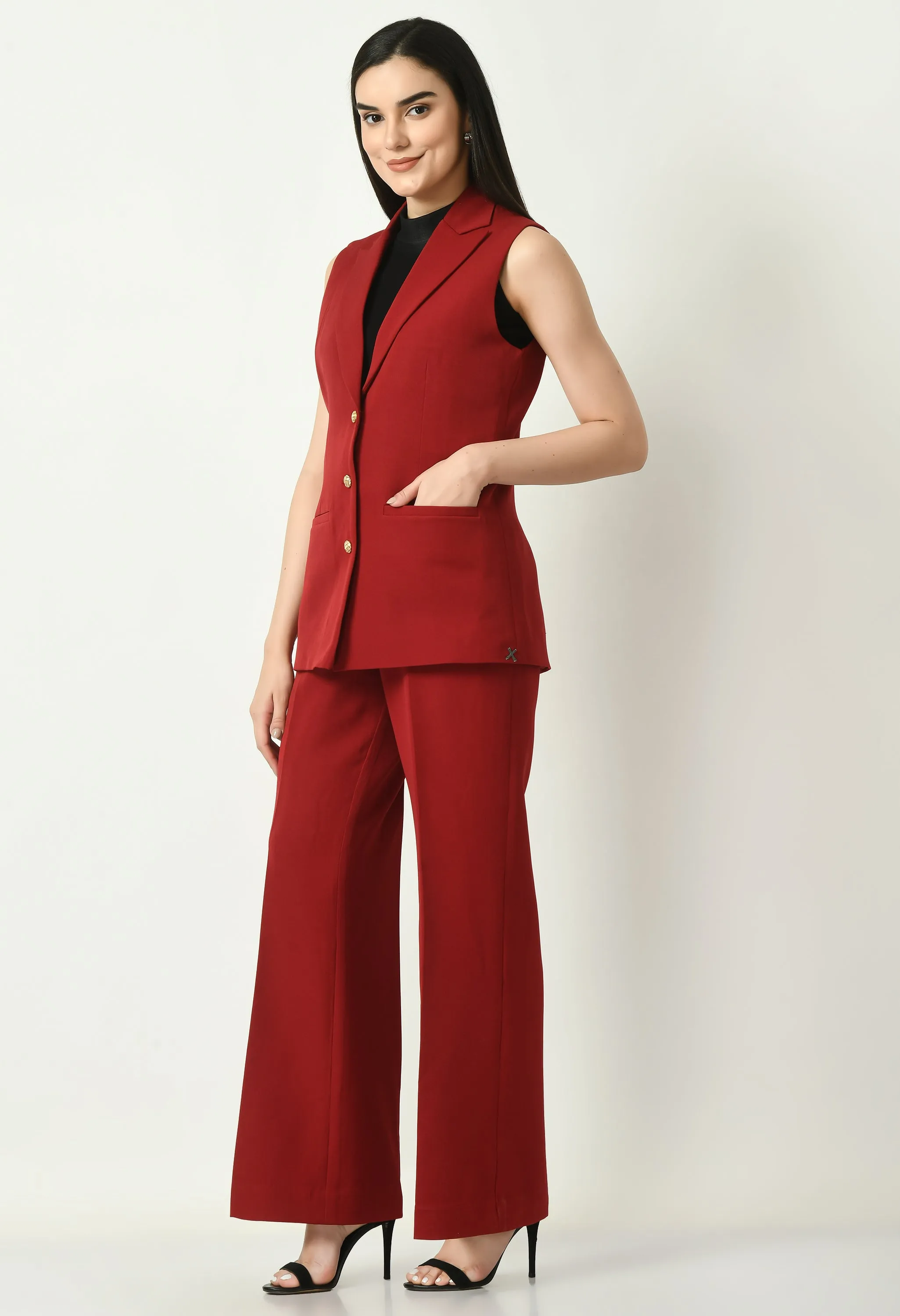 Red Aspiration Sleeveless Blazer With Bootcut Trouser