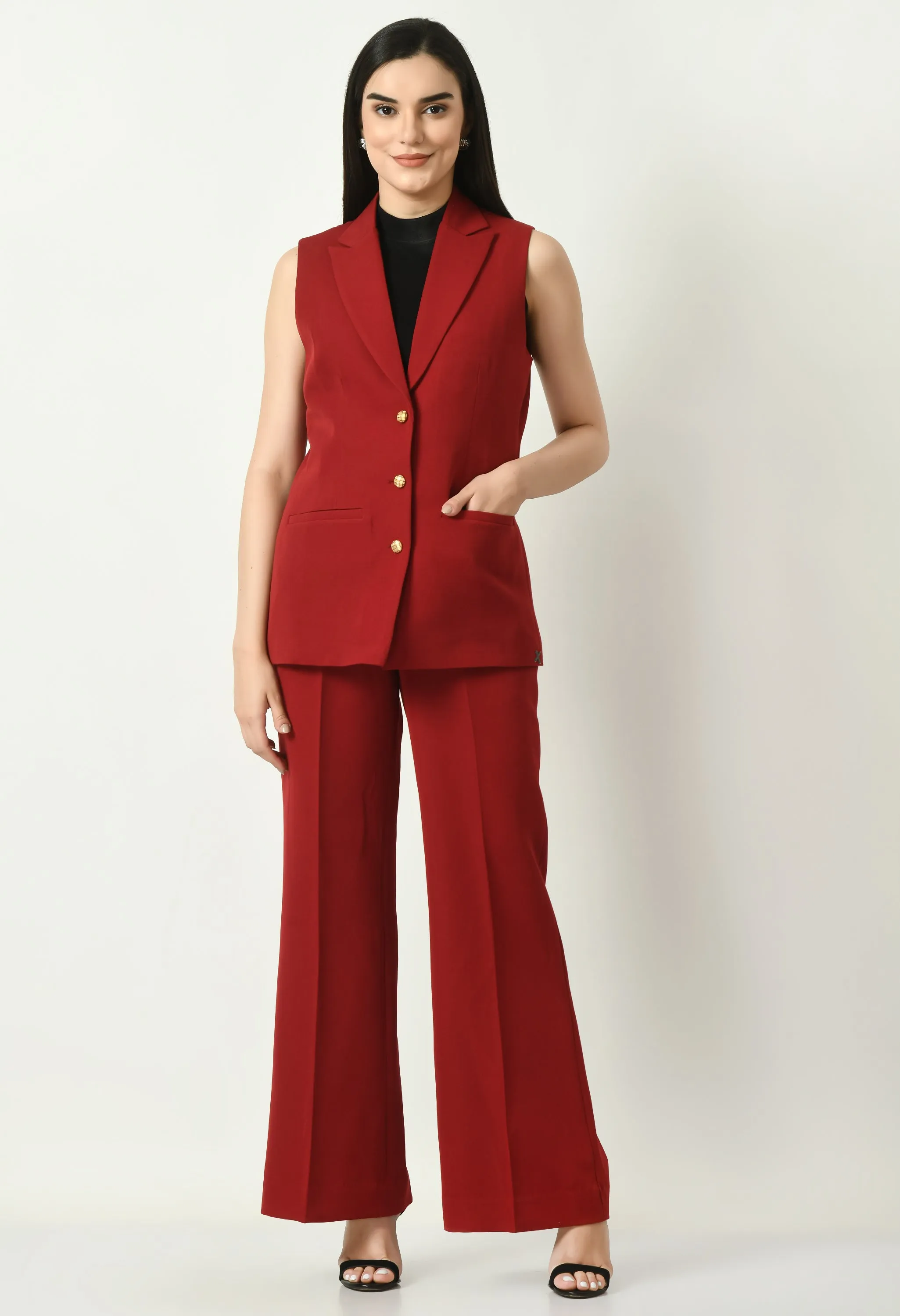 Red Aspiration Sleeveless Blazer With Bootcut Trouser