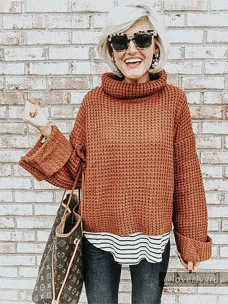 'Retta' Cognac Ribbed Cropped Turtleneck Sweater