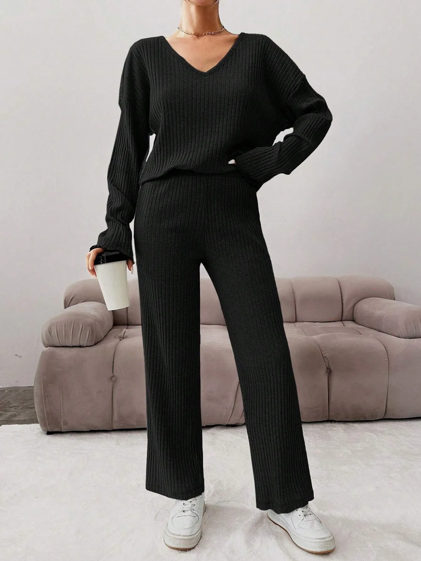 RIBBED LONG SLEEVE TWO PIECE SET