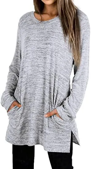 Round neck long sleeve pocket loose mid-length split sweater