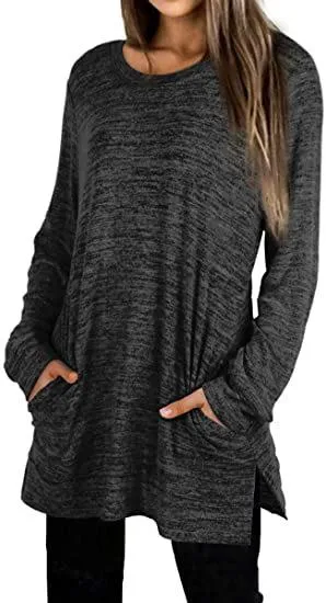 Round neck long sleeve pocket loose mid-length split sweater