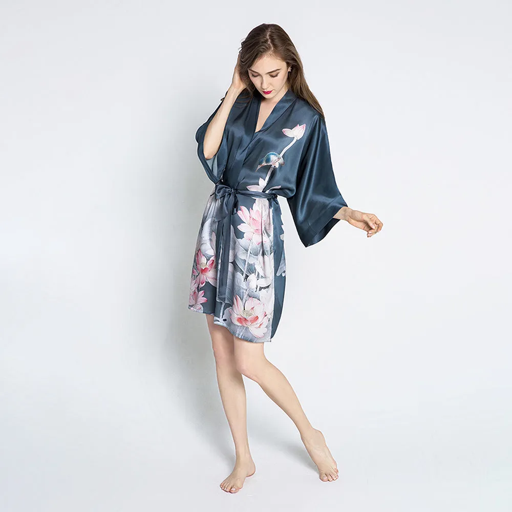 Silk Lotus Short Kimono Robe