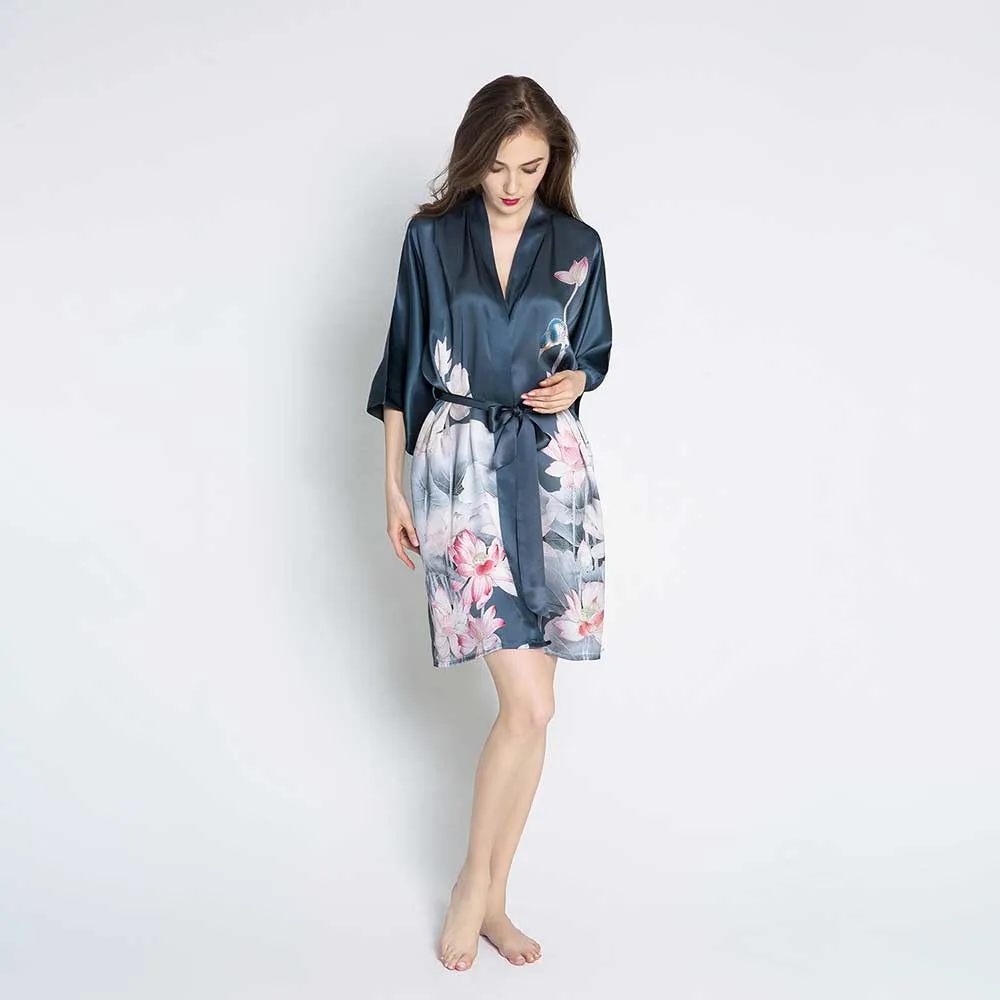 Silk Lotus Short Kimono Robe