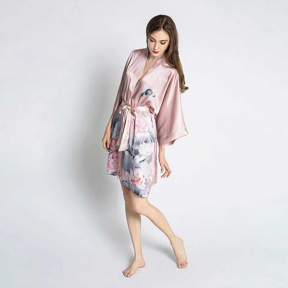 Silk Lotus Short Kimono Robe