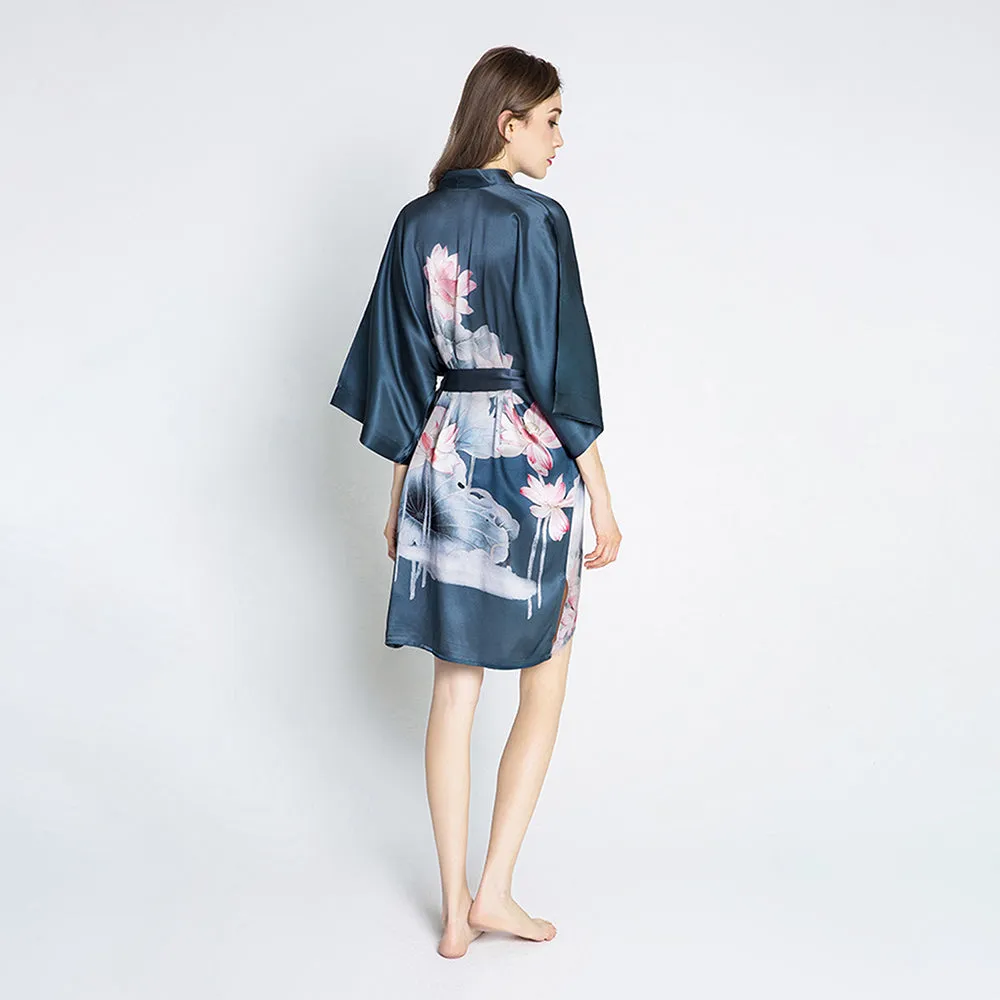 Silk Lotus Short Kimono Robe