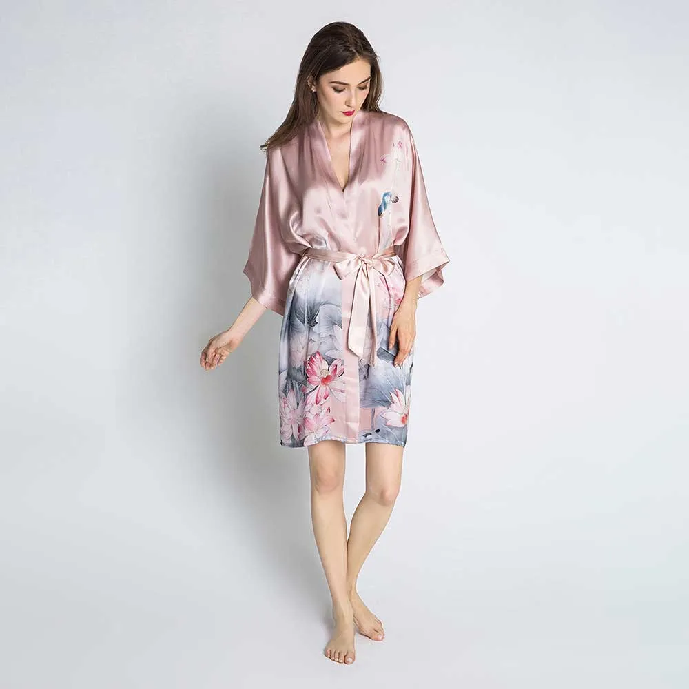 Silk Lotus Short Kimono Robe