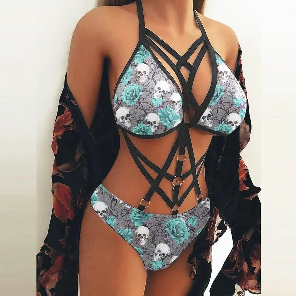 Skull Rose Straps Lingerie, Sexy Deep V Cup Nightwear For Women