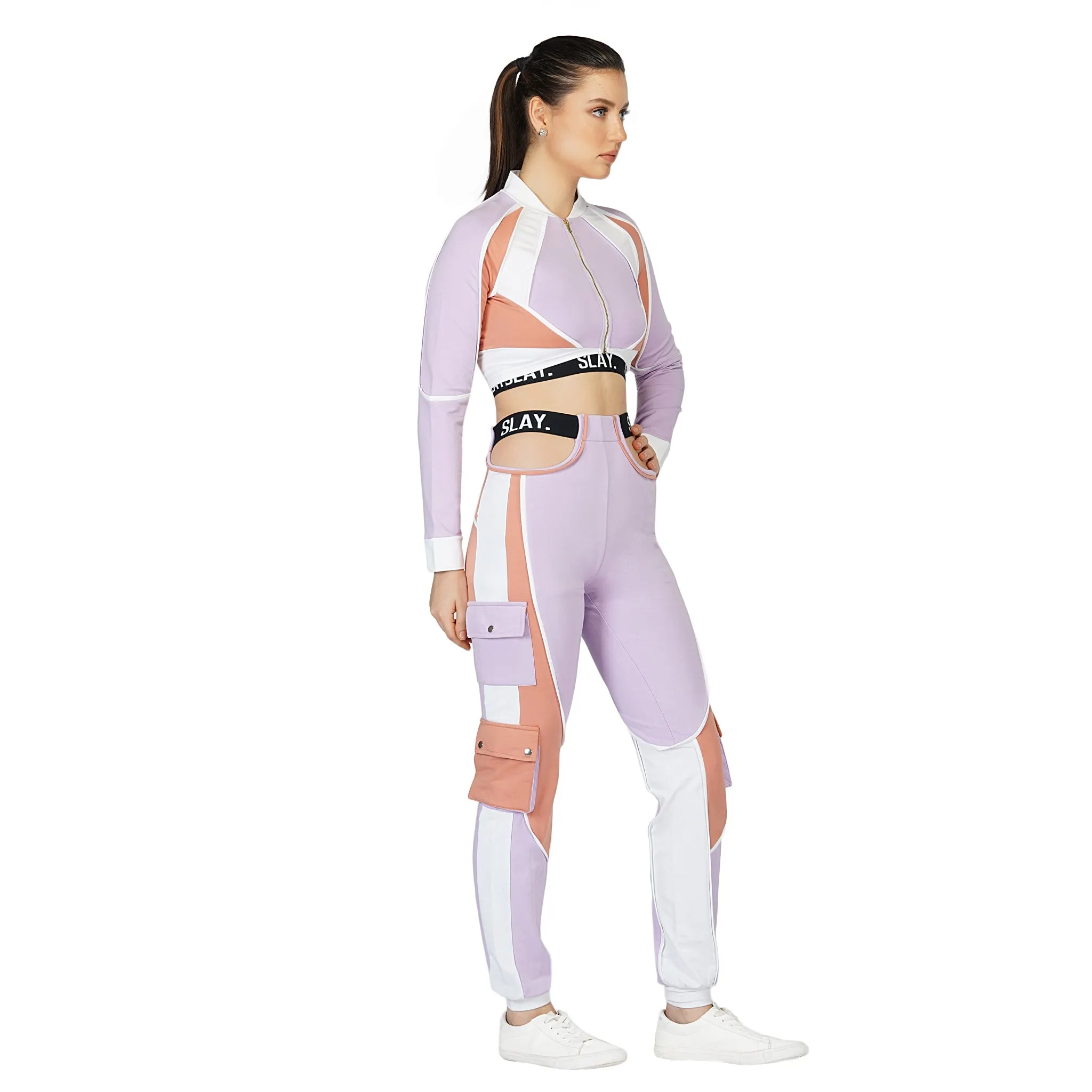 SLAY. Women's Activewear Lavender Lilac Nude White Colorblock Cargo Jogger Pants Streetwear