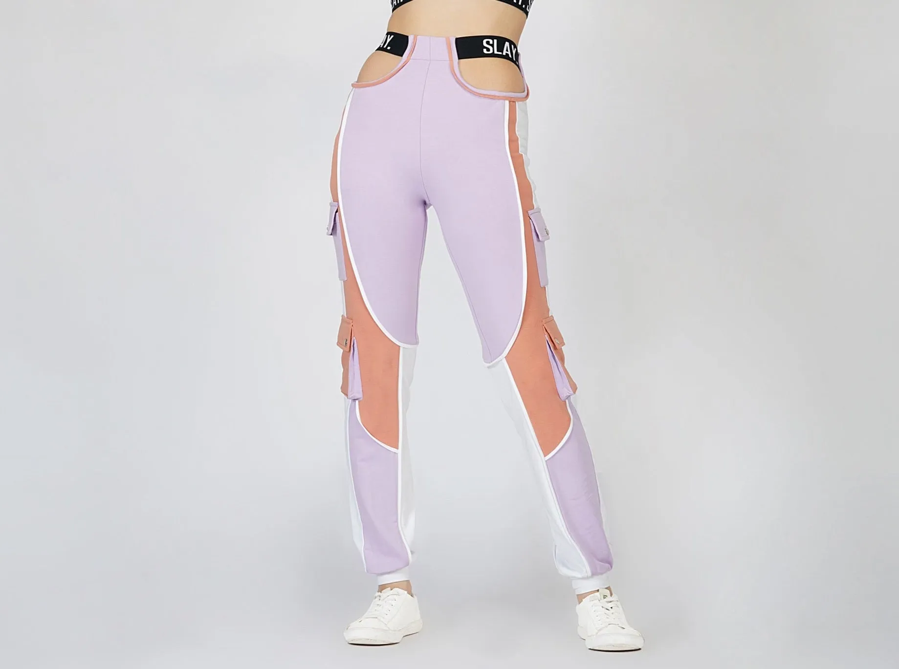 SLAY. Women's Activewear Lavender Lilac Nude White Colorblock Cargo Jogger Pants Streetwear