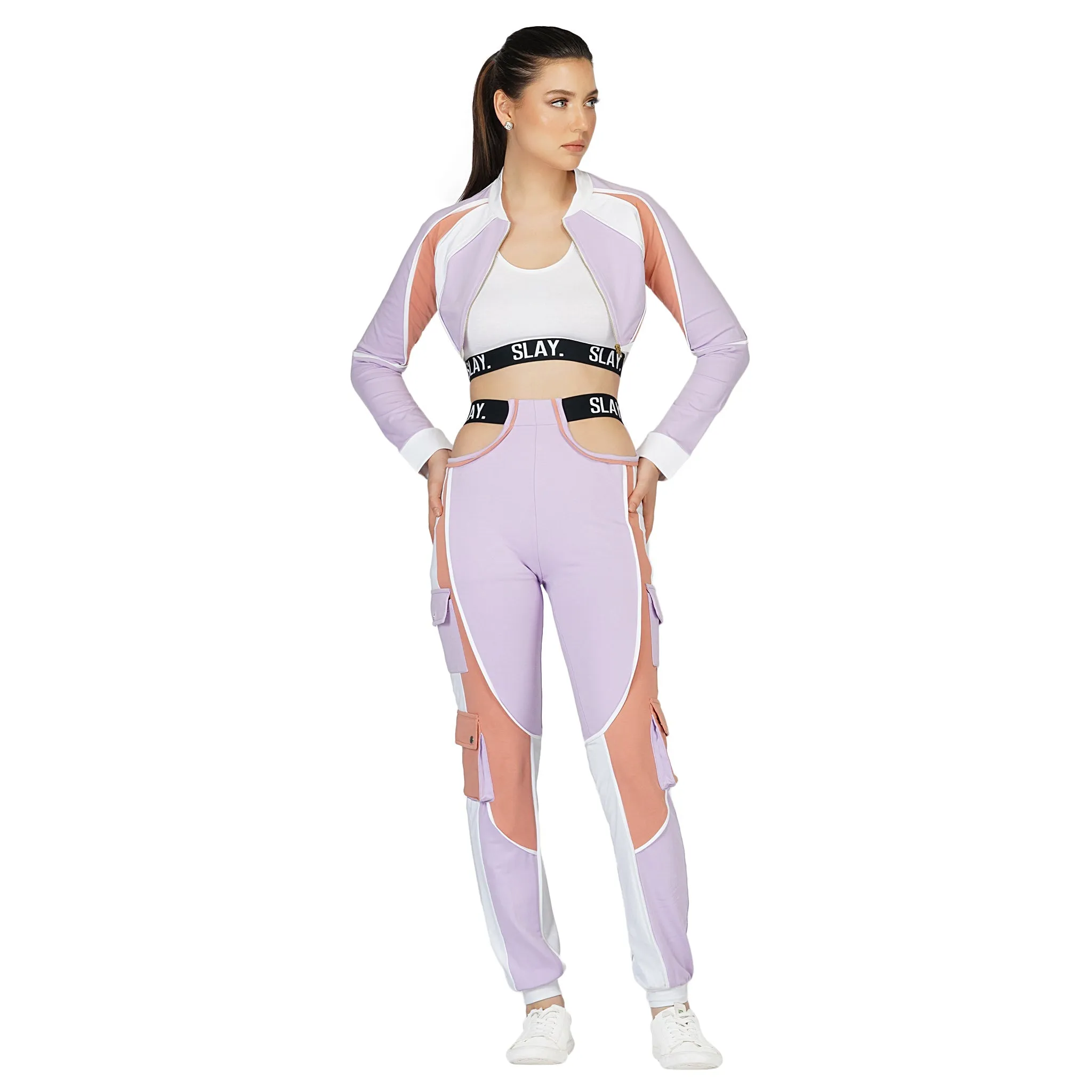 SLAY. Women's Activewear Lavender Lilac Nude White Colorblock Cargo Jogger Pants Streetwear