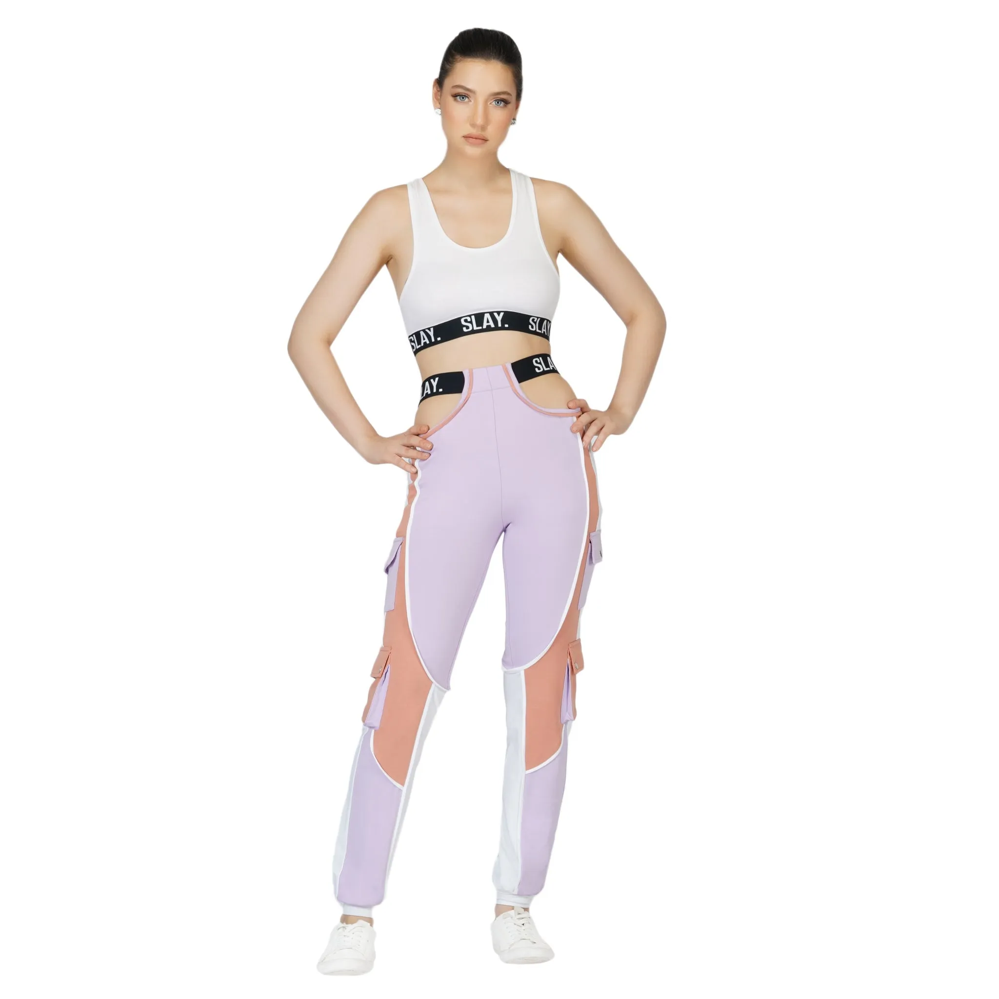 SLAY. Women's Activewear Lavender Lilac Nude White Colorblock Cargo Jogger Pants Streetwear