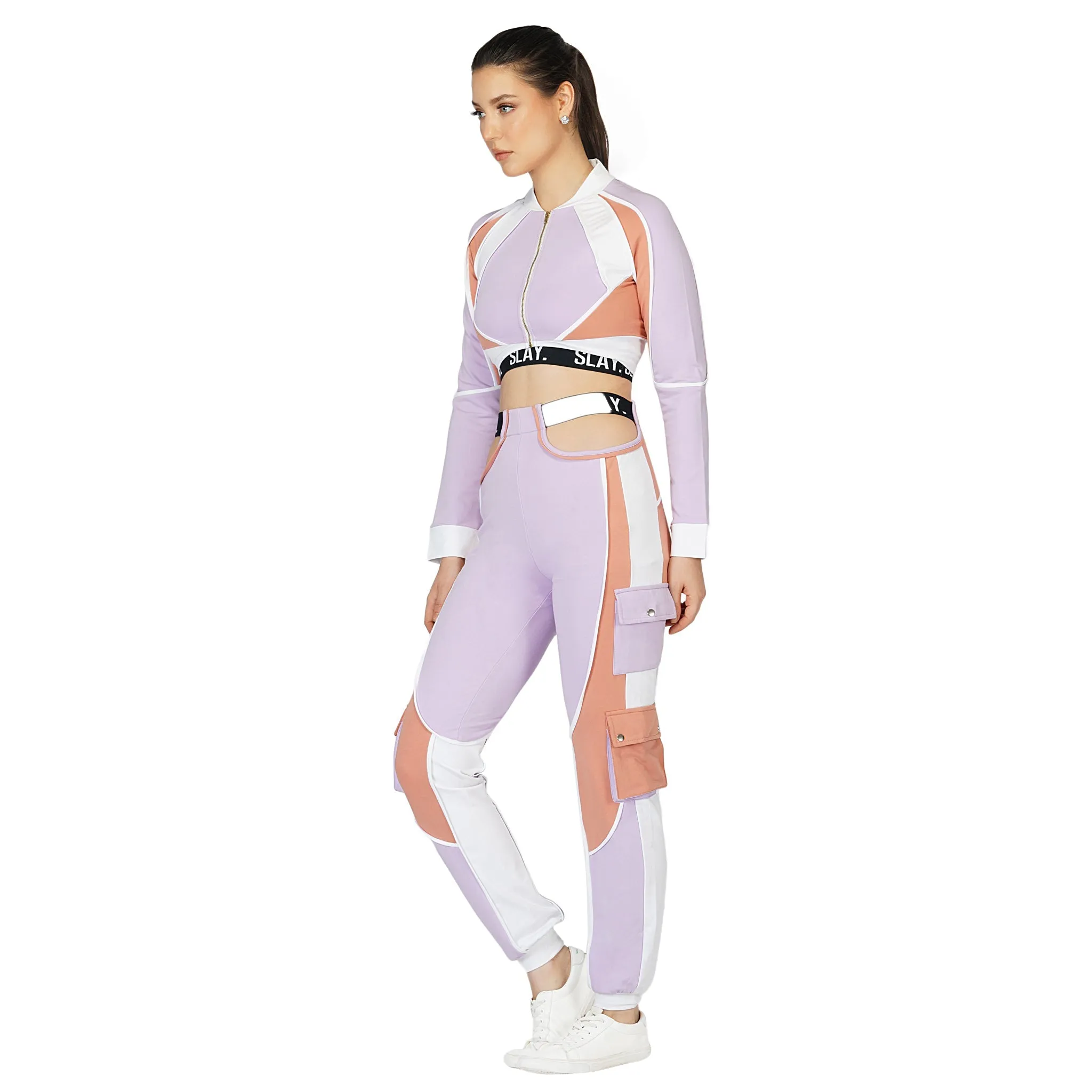 SLAY. Women's Activewear Lavender Lilac Nude White Colorblock Cargo Jogger Pants Streetwear