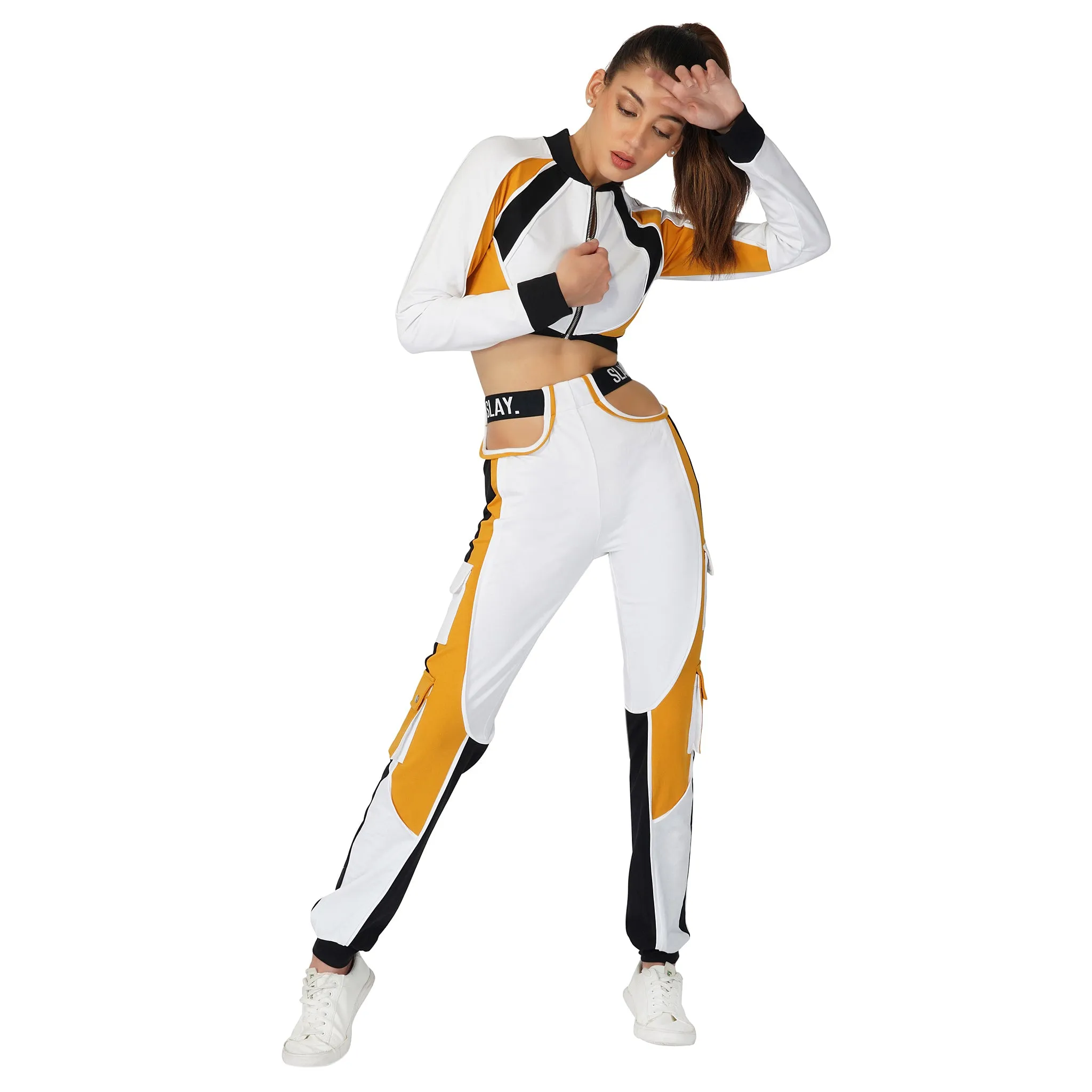 SLAY. Women's Activewear Tracksuit Mustard Colorblock Crop Jacket & Cargo Pants Co-ord Set