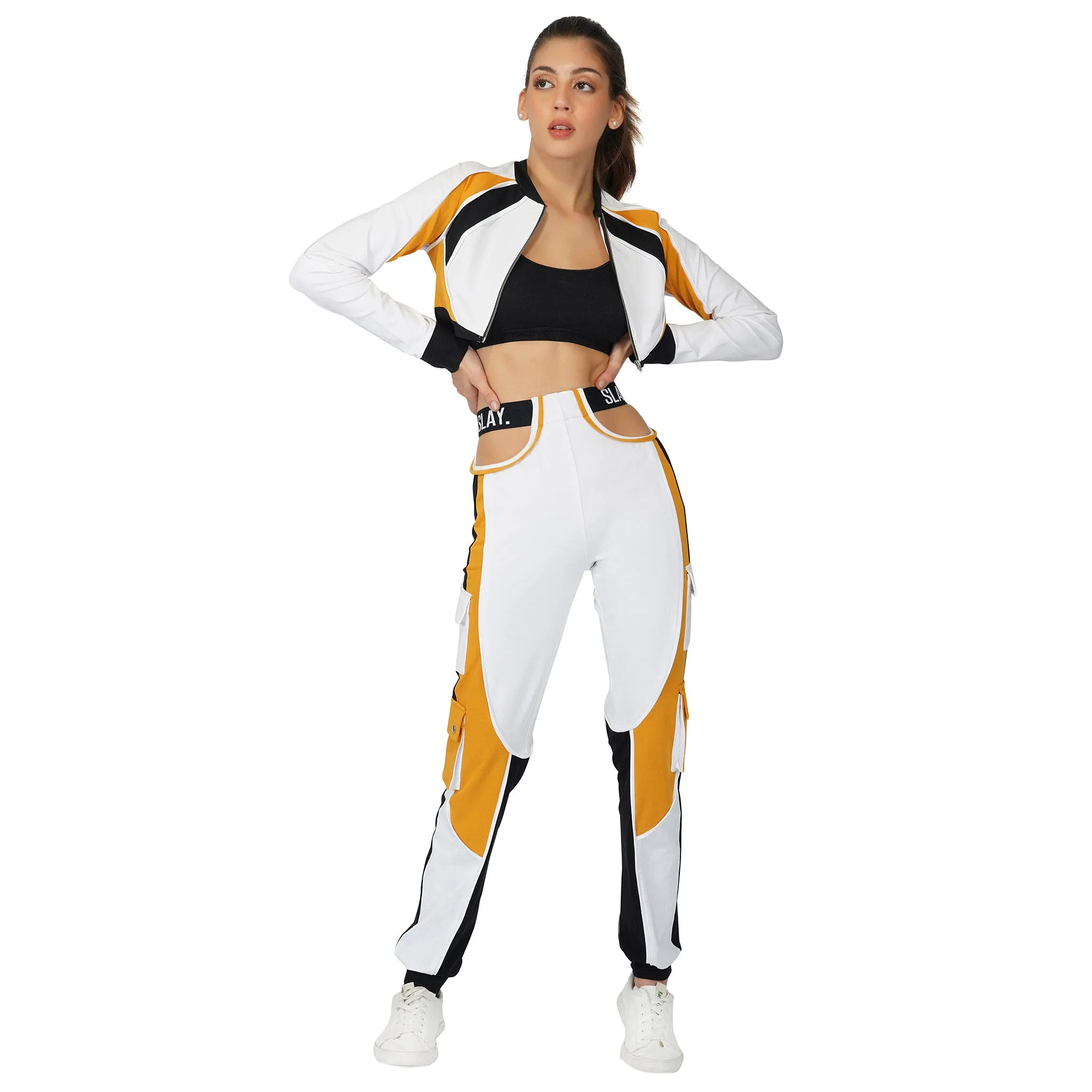 SLAY. Women's Activewear Tracksuit Mustard Colorblock Crop Jacket & Cargo Pants Co-ord Set