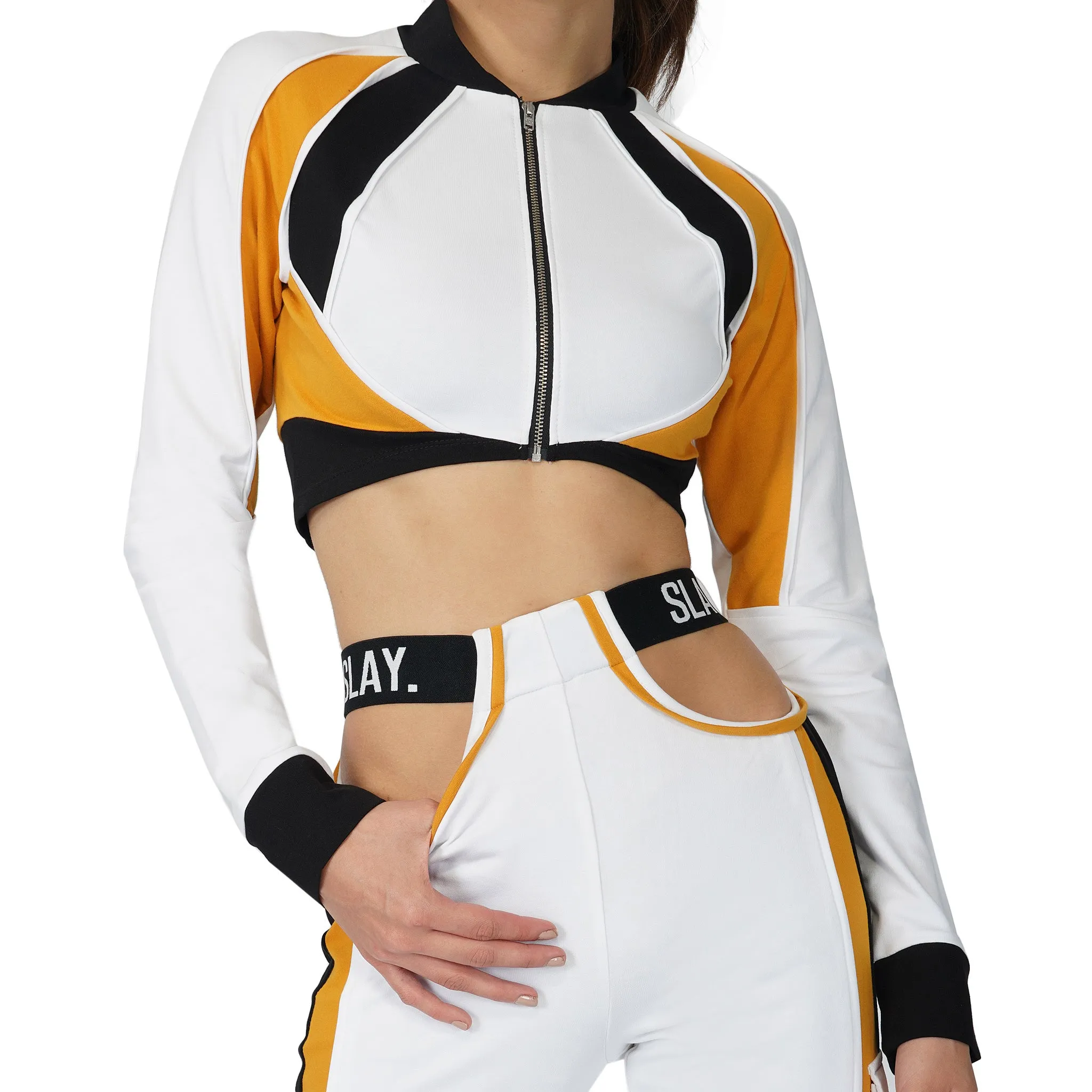 SLAY. Women's Activewear Tracksuit Mustard Colorblock Crop Jacket & Cargo Pants Co-ord Set