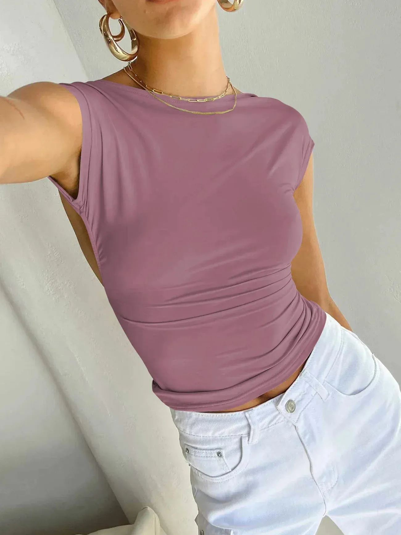 Summer Backless Moisture Absorption and Perspiration Comfortable Breathable Short Sleeve Nylon Slim Women's Top T-shirt