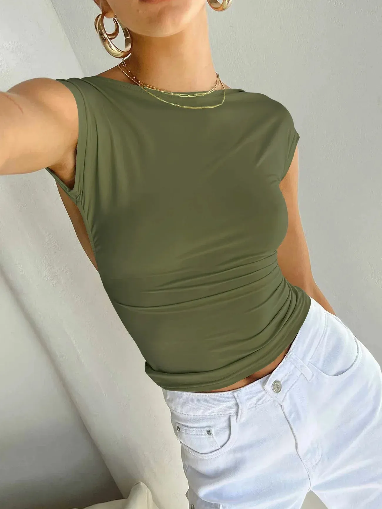 Summer Backless Moisture Absorption and Perspiration Comfortable Breathable Short Sleeve Nylon Slim Women's Top T-shirt