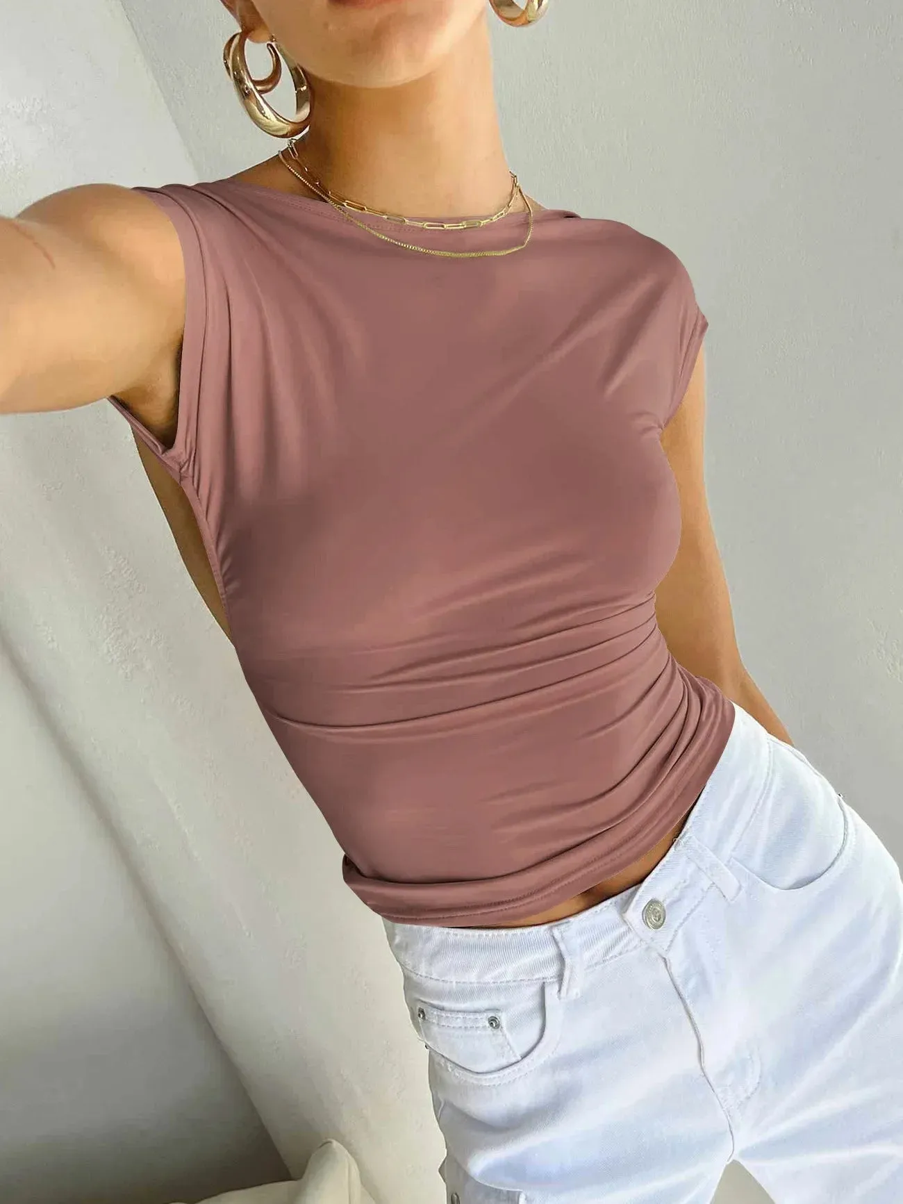 Summer Backless Moisture Absorption and Perspiration Comfortable Breathable Short Sleeve Nylon Slim Women's Top T-shirt