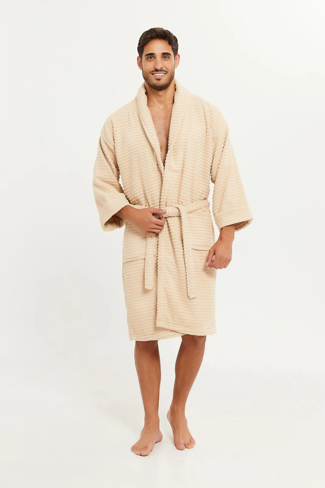 Unisex Beige Ribbed Bathrobe