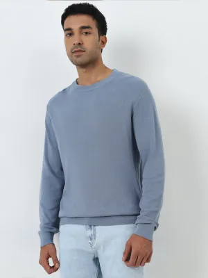 WES Formals Dusty Blue Slim-Fit Knit-Textured Sweater